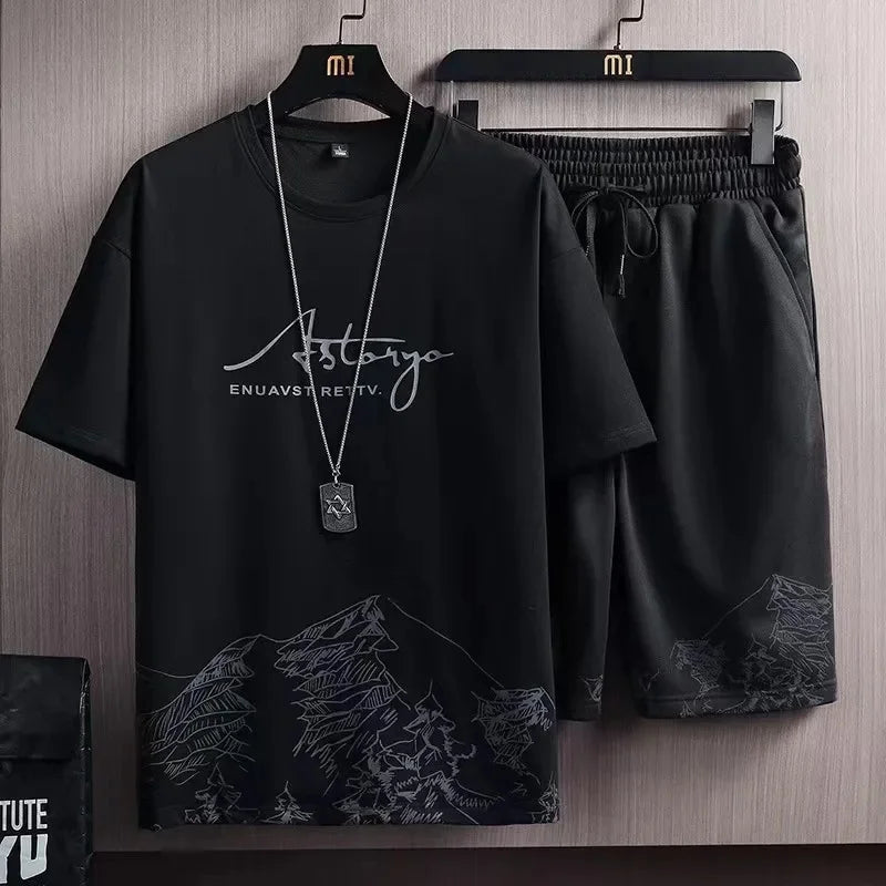 Men's Ice Silk Short Sleeve T-Shirt Suit Summer New Digital Printing Fashionable Korean Style Slims Smooths Your Silhouette Spor - Ellianto fashion Men's