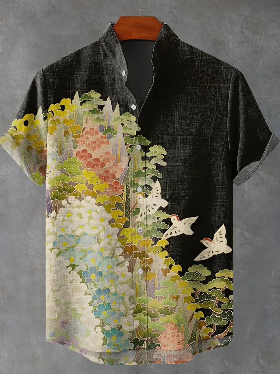 Hawaiian Men's Linen Short Sleeve Shirt Folk Flower Pattern Harajuku Street Clothing Holiday Casual Top - Ellianto fashion Men's