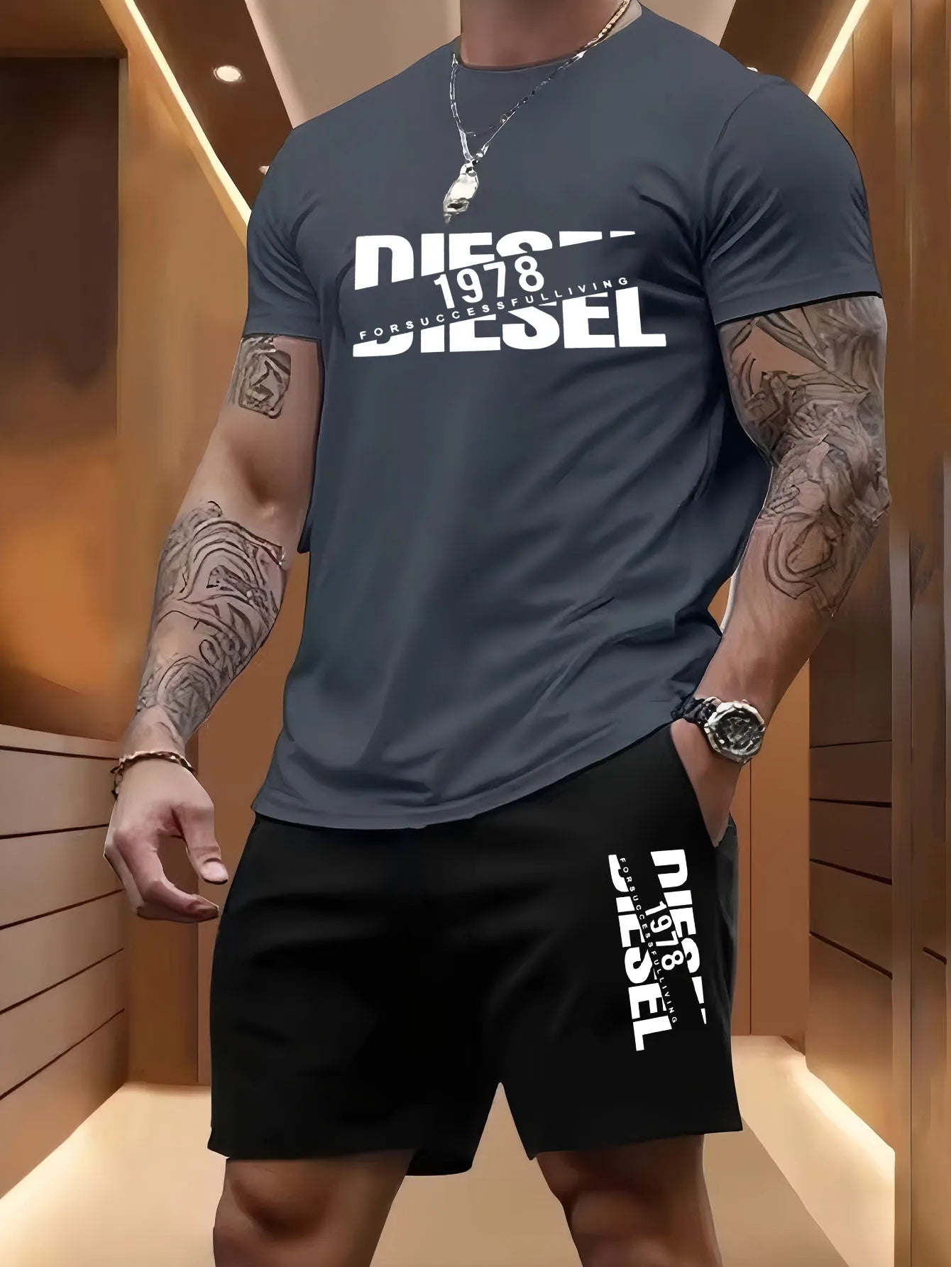Set Summer men's casual two-piece set round-neck short-sleeved T-shirt and sports shorts for outdoor activities - Ellianto fashion Men's