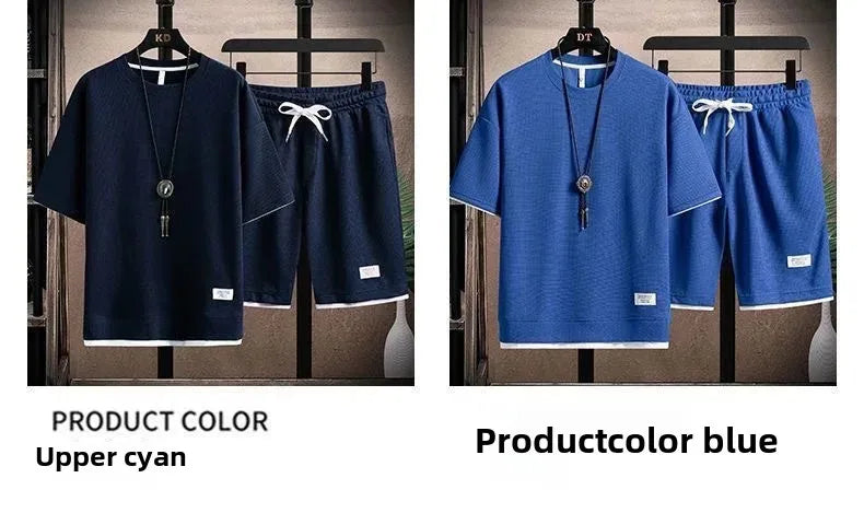Casual Men's Sportswear Set Summer Short Sleeve Drawstring Shorts Loose Five-Quarter Pants Thin Male Outfit Two-Piece Suit - Ellianto fashion Men's