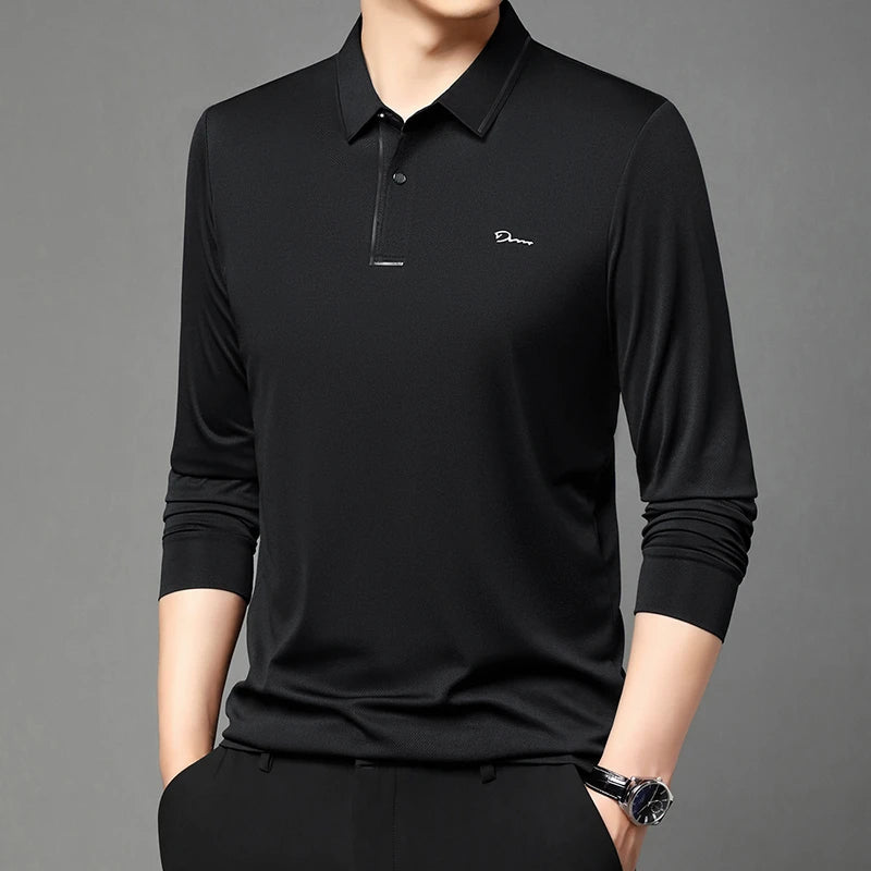 New Men's Business Casual Long Sleeved Shirt with Badge Solid Color Polo Shirt Fashionable Breathable Comfortable Versatile Top - Ellianto fashion Men's