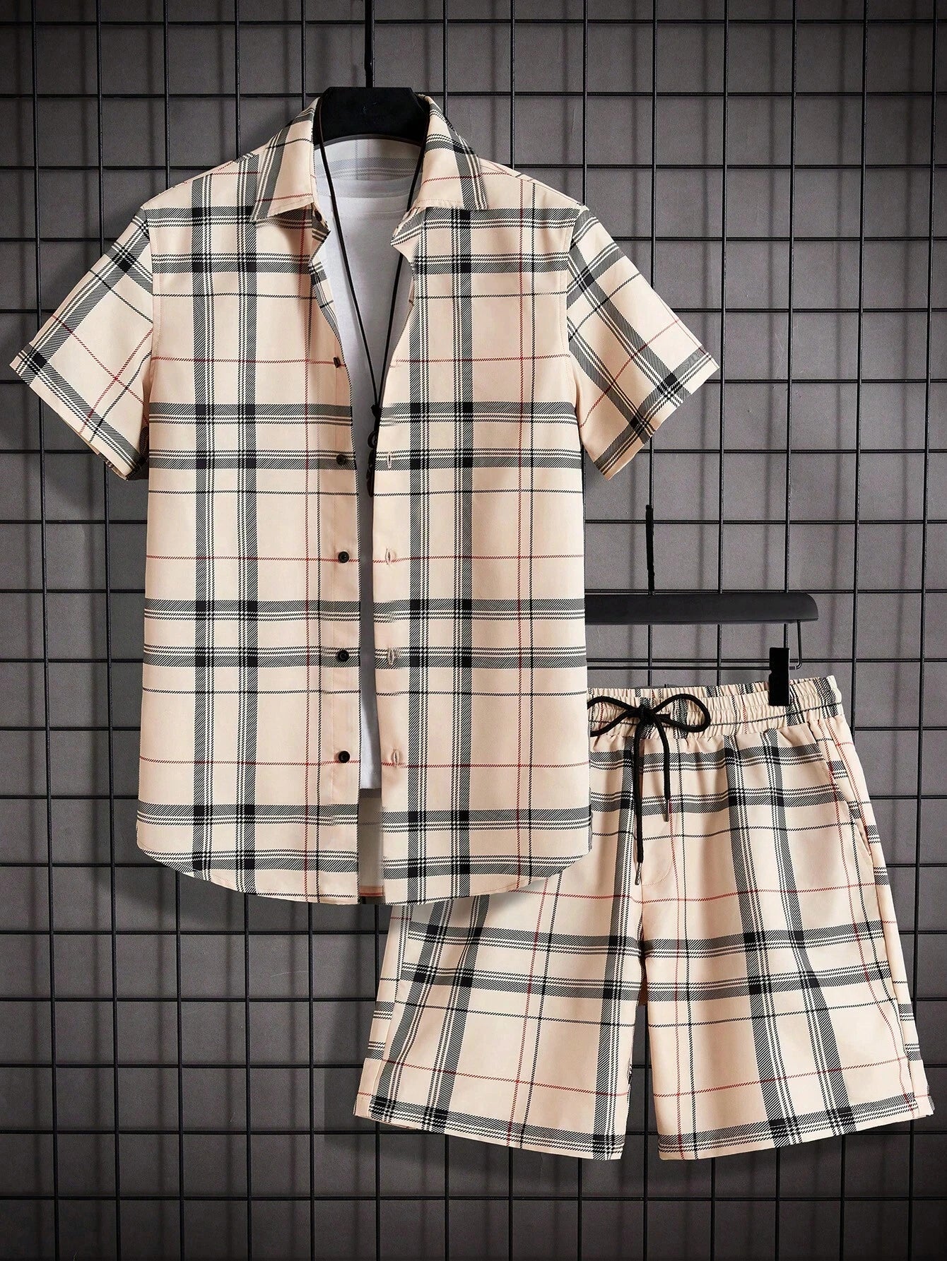Set Street Casual Men's Suit Personalized Fashion Plaid Printed Pattern Short Sleeve Lapel Shirt and Shorts Men's Two Piece Set - Ellianto fashion Men's