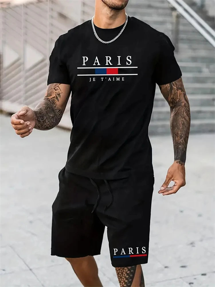 set / 2025 New Fashion Design Men's T-Shirt Men's Sports Drawstring Shorts Simple Printed Men's 2-Piece Summer Gym Breathable Suit - Ellianto fashion Men's