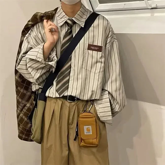 2023 Japanese Vintage Striped Long-Sleeve Shirt – Lightweight Comfort and Effortless Spring-Autumn Style for the Modern Gentleman