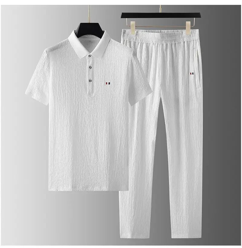 Summer Men's Casual Thin Polo Collar Two-Piece Suit Set Fashionable Flip Collar Male Clothing Full Set Integrated Ensemble - Ellianto fashion Men's