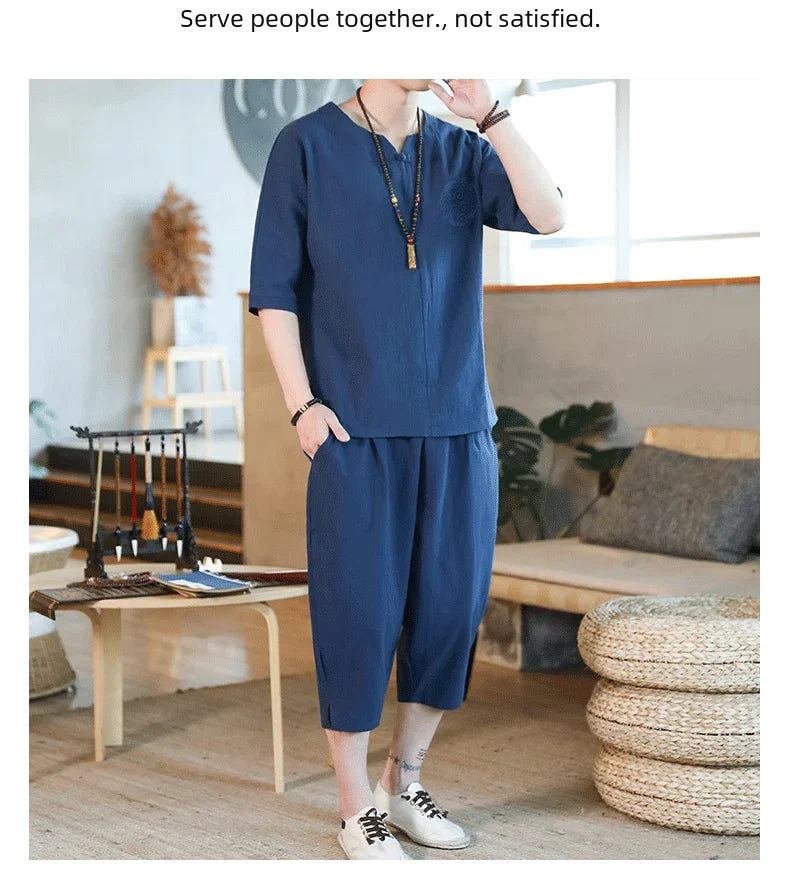 Men's Loose-fit Casual Pants Set Chinese Style Cotton Linen Short Sleeve Shirt Seven-point Shorts Two-piece Suit - Ellianto fashion Men's