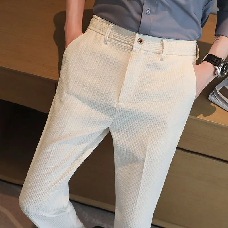 Trousers For Men Social Tailoring Slim Fit Khaki Business Waffle Tressed Work Wear Man Suits Pants Luxury Luxury Spring Clothes - Ellianto fashion Men's