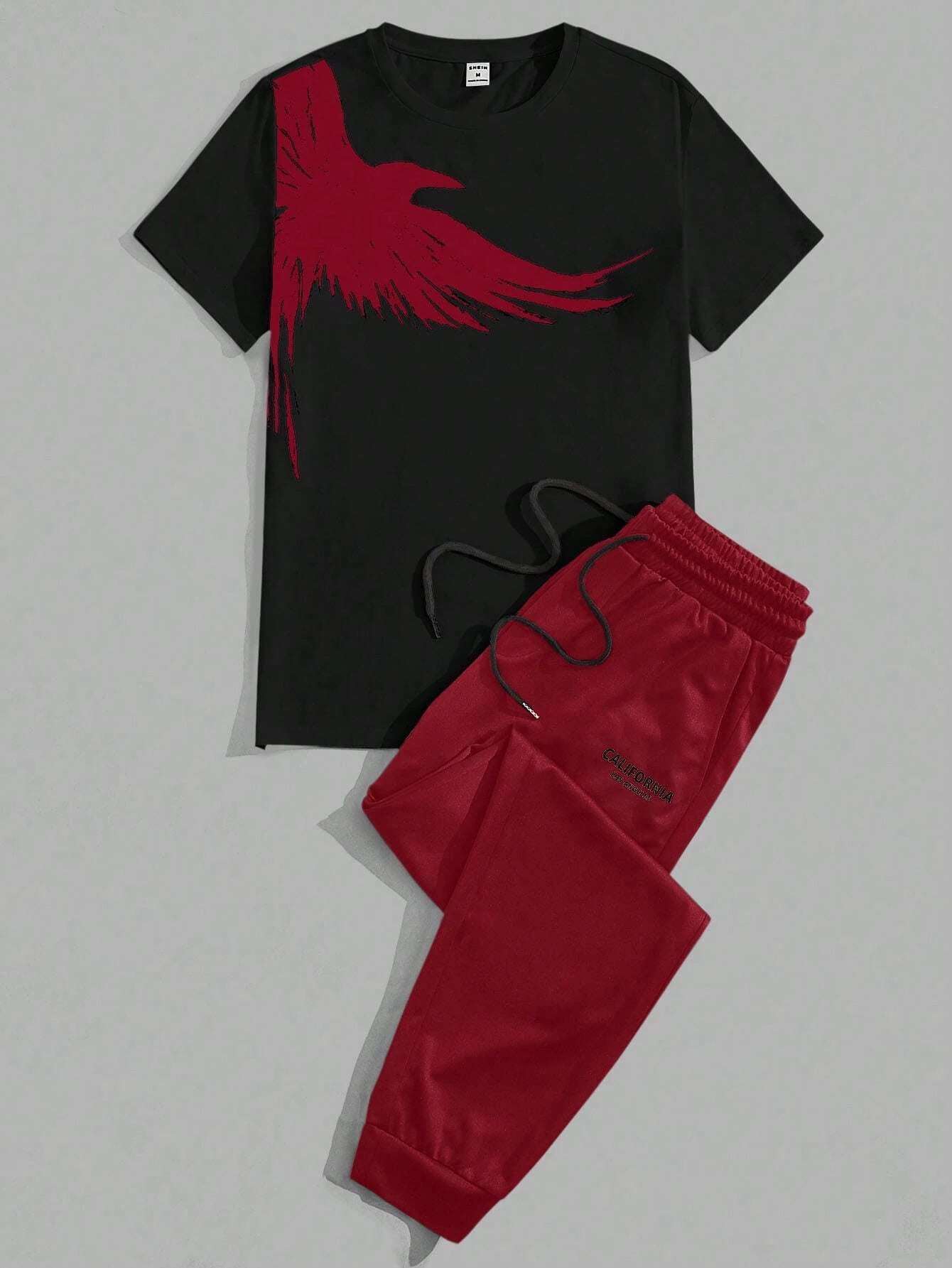 Set 2025 Simple Casual Men's T-shirt Short-sleeved Suit And Pants Fashion Eagle Print Pattern Sports And Leisure Two-piece Set - Ellianto fashion Men's