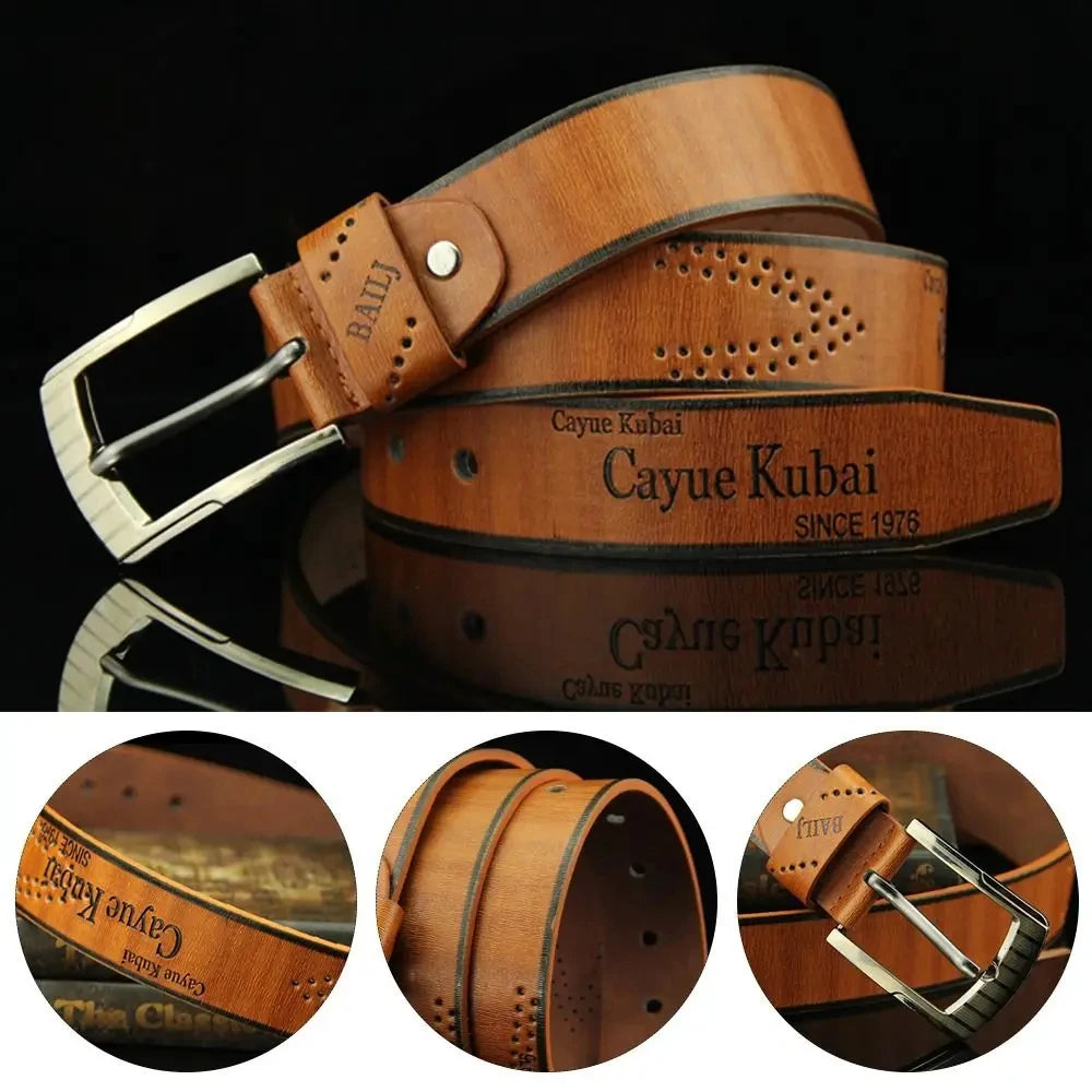 Men's Leather Belt Letter Print Luxury Classic Buckle Business Cowboy Vintage Waistband Alloy Belts - Ellianto fashion Men's