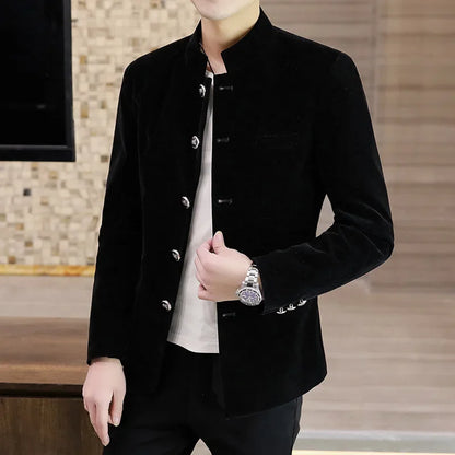 HOO 2025 New Men's Autumn Stand Collar blazer Youth Velveteen Multi-Button blazers - Ellianto fashion Men's