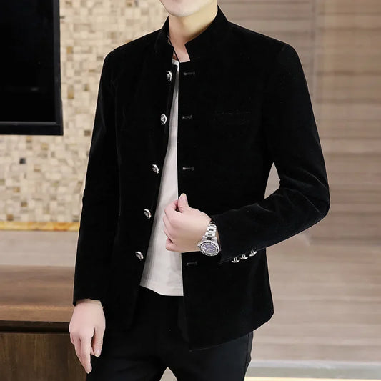 HOO 2025 New Men's Autumn Stand Collar blazer Youth Velveteen Multi-Button blazers - Ellianto fashion Men's
