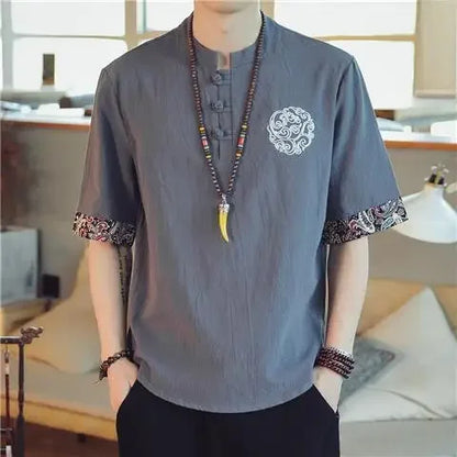 Men’s Chinese-Style Summer Cotton-Linen Short-Sleeve Shirt – Lightweight Comfort with Elegant Embroidered Crane Design for the Modern Gentleman