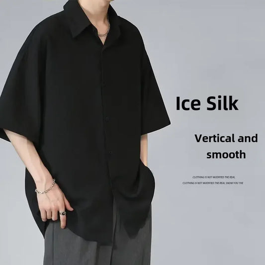 Men's Ice Silk Short Sleeve Shirt Casual Loose Fit Korean Style Trendy Black Shirt For Summer Thin Sleeve Casual - Ellianto fashion Men's