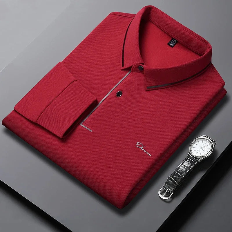New Men's Business Casual Long Sleeved Shirt with Badge Solid Color Polo Shirt Fashionable Breathable Comfortable Versatile Top - Ellianto fashion Men's