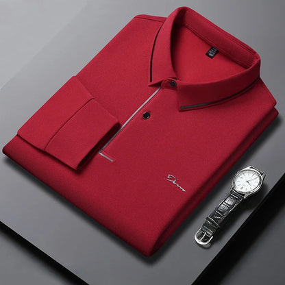 New Men's Business Casual Long Sleeved Shirt with Badge Solid Color Polo Shirt Fashionable Breathable Comfortable Versatile Top - Ellianto fashion Men's