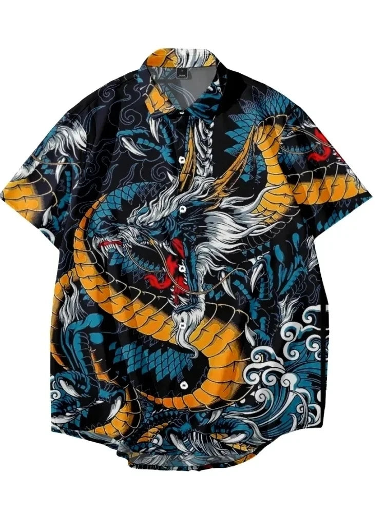 New Year Dragon Hawaiian Casual Men's Short Sleeve Shirt Y2k Vintage Top Breathable Camisas Casuais Blouse Man Clothing Society - Ellianto fashion Men's
