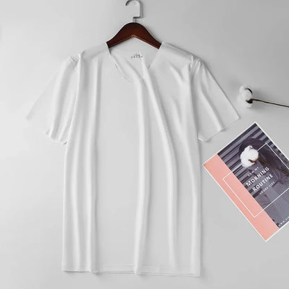 Men's Skinny Undershirt Plus Size Ice Silk Basic Shirts Breathable V-Neck Seamless T-shirt Underwear Thin Slim Bottoming Shirt - Ellianto fashion Men's