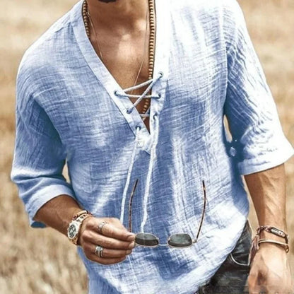 Cross border foreign trade men's V-neck lace up top casual summer solid color seven quarter sleeved men's shirt - Ellianto fashion Men's