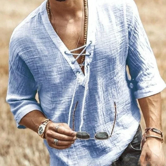 Cross border foreign trade men's V-neck lace up top casual summer solid color seven quarter sleeved men's shirt - Ellianto fashion Men's