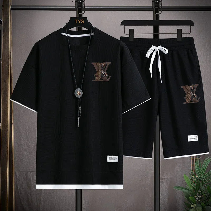 Set 2025 Summer Trend European and American men's sportswear Set: A brand-new outdoor jogging casual breathable short-sleeved T-shir - Ellianto fashion Men's