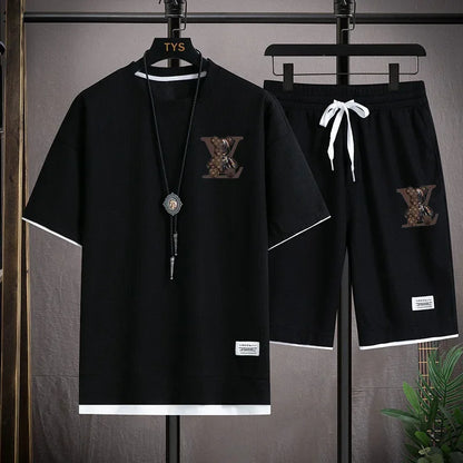 Set 2025 Summer Trend European and American men's sportswear Set: A brand-new outdoor jogging casual breathable short-sleeved T-shir - Ellianto fashion Men's