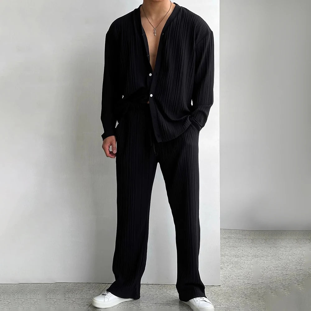 Mens Striped Sexy Solid Color V-Neck Knitted Long Sleeves Sweater Pants Autumn Casual Fashion Two-Piece Set Men’s Clothing 2024 - Ellianto fashion Men's
