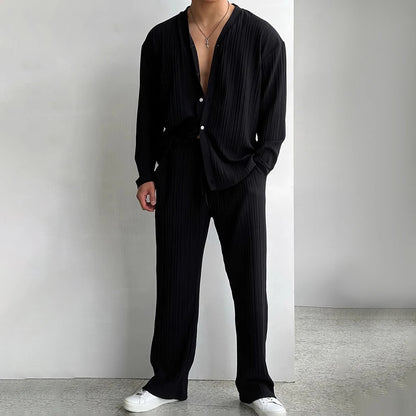 Mens Striped Sexy Solid Color V-Neck Knitted Long Sleeves Sweater Pants Autumn Casual Fashion Two-Piece Set Men’s Clothing 2024 - Ellianto fashion Men's