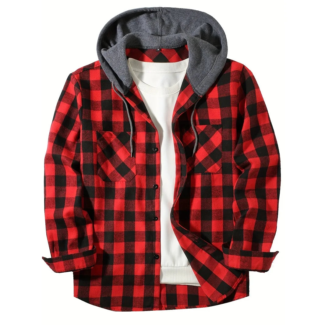 Men's Shirts Classic Plaid Casual Button Down Hooded Long Sleeved Double Pockets Shirt Hoodie Flannel Jacket Spring Autumn Tops - Ellianto fashion Men's
