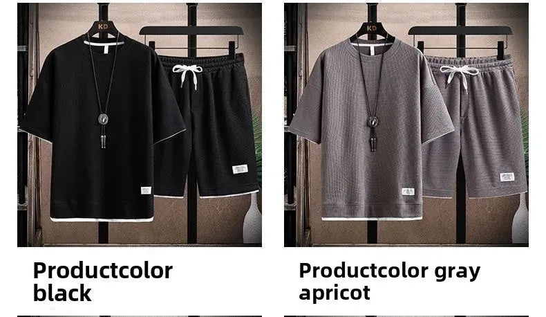 Casual Men's Sportswear Set Summer Short Sleeve Drawstring Shorts Loose Five-Quarter Pants Thin Male Outfit Two-Piece Suit - Ellianto fashion Men's
