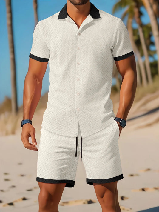 2025 New men's outdoor suit, casual jacquard collocation color lapel short-sleeved T-shirt fashion trend short-sleeved shorts suit - Ellianto fashion Men's