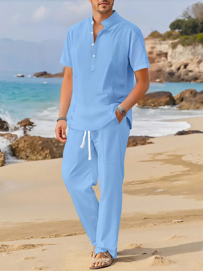 Men's Fashionable Cotton Linen Shirt Set with Cuban Pocket Long Sleeve Casual Two-Piece Suit Spring Autumn 100% Natural Fiber - Ellianto fashion Men's