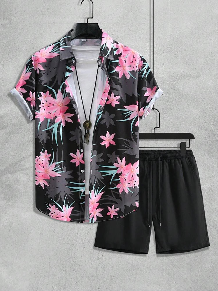 Set Hawaiian Coconut Tree Print Men's Shirt Summer Short Sleeve Tops Beach Shorts 2 Piece Sets Casual Vacation Style Outfit Clothing - Ellianto fashion Men's