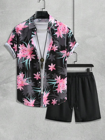 Set Hawaiian Coconut Tree Print Men's Shirt Summer Short Sleeve Tops Beach Shorts 2 Piece Sets Casual Vacation Style Outfit Clothing - Ellianto fashion Men's