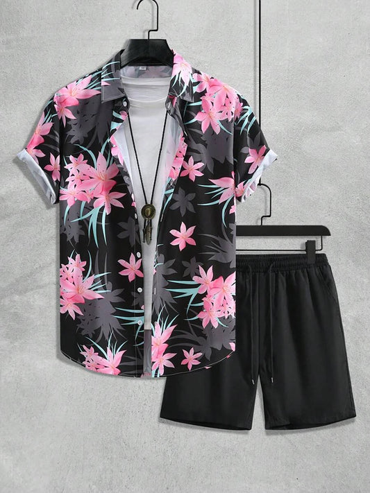 Set Hawaiian Coconut Tree Print Men's Shirt Summer Short Sleeve Tops Beach Shorts 2 Piece Sets Casual Vacation Style Outfit Clothing - Ellianto fashion Men's