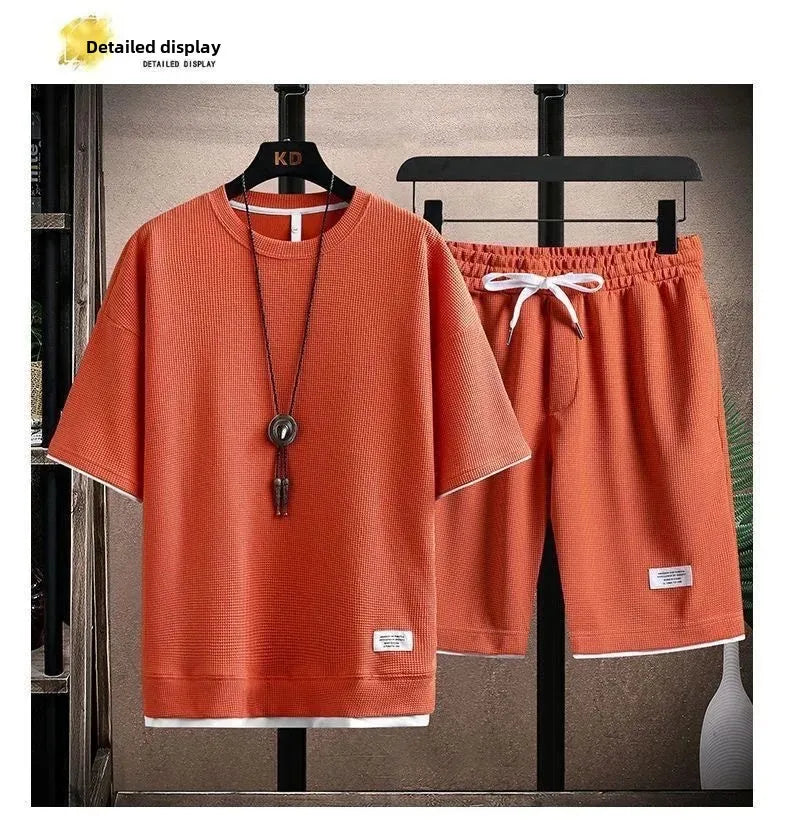 Casual Men's Sportswear Set Summer Short Sleeve Drawstring Shorts Loose Five-Quarter Pants Thin Male Outfit Two-Piece Suit - Ellianto fashion Men's