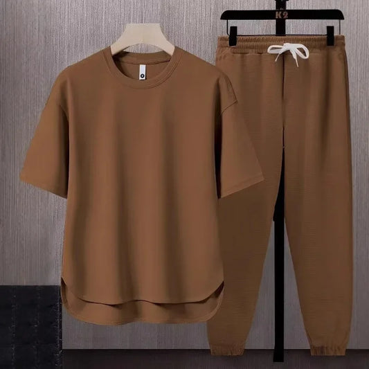 Pure Color Men's T-Shirt Set Short Sleeve Summer Trendy Two-Piece Suit Casual Comfortable Breathable Male Model Clothing - Ellianto fashion Men's