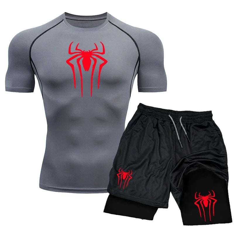 Men’s Spider-Print Compression Sports Set – Lightweight Quick-Dry Gym T-Shirt & Shorts for Effortless 2-Piece Training Comfort