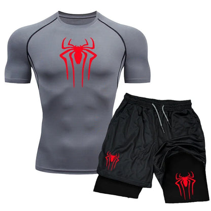 Men’s Spider-Print Compression Sports Set – Lightweight Quick-Dry Gym T-Shirt & Shorts for Effortless 2-Piece Training Comfort