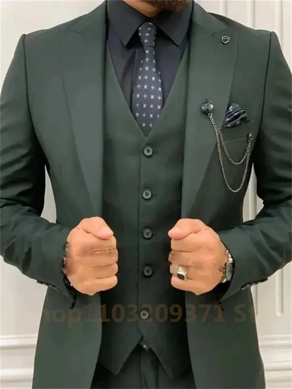 3 Pieces Post Green Suits Men Suits Wedding Wear Business Male Groom Wedding Dress Jacket Vest Pants Set Blazers Coat - Ellianto fashion Men's