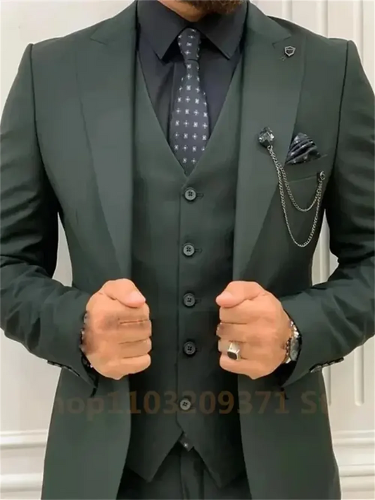 3 Pieces Post Green Suits Men Suits Wedding Wear Business Male Groom Wedding Dress Jacket Vest Pants Set Blazers Coat - Ellianto fashion Men's