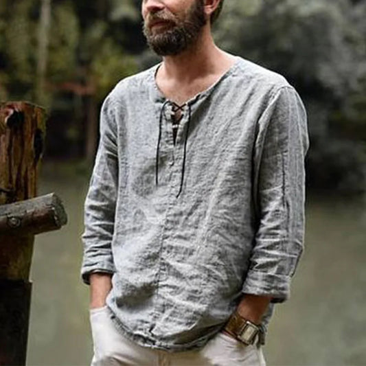 New Men's Cotton Linen shirt Male Solid Color V Neck bandage T-shirts Summer Men's Casual Long Sleeves Linen shirt Tops S-3XL - Ellianto fashion Men's