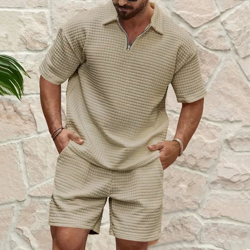 2025 European and American Men's Spring and Summer Trends Youth Outdoor Lapel Small Plaid Short Sleeve Shorts Sports Suit - Ellianto fashion Men's
