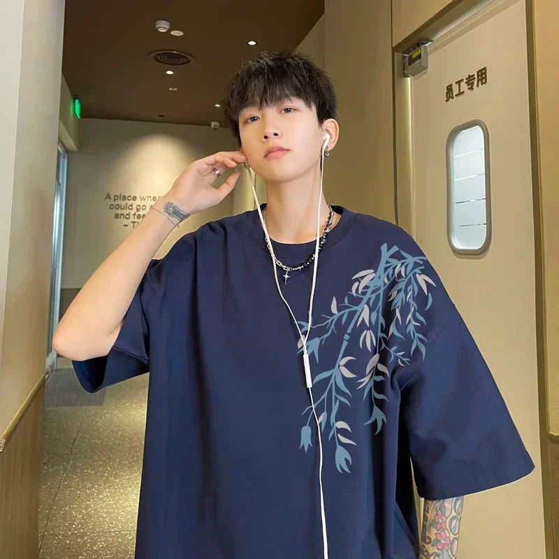 Men's Oversized T-shirts Mens Cotton T Shirt White 5XL Casual Summer Wear Fashion Bamboo Print Tee Shirts for Men Clothing - Ellianto fashion Men's