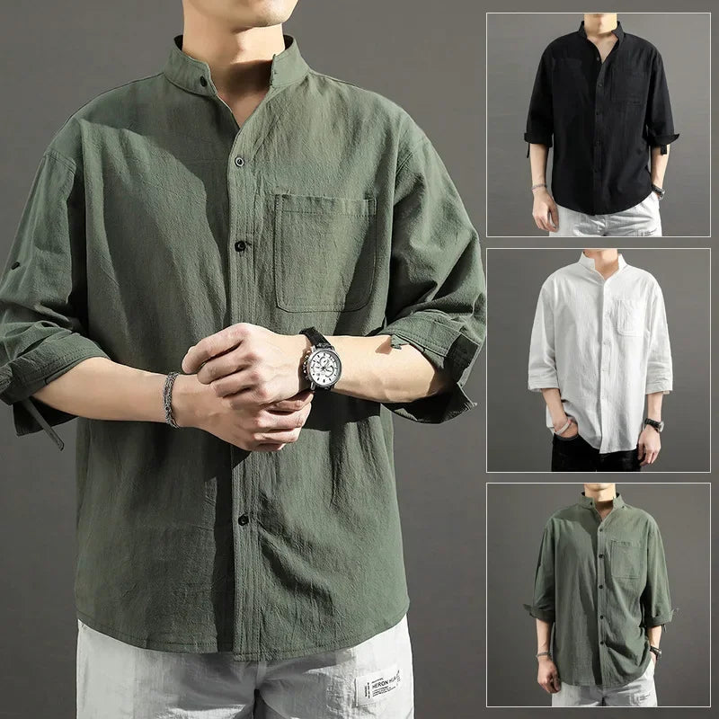 2023 Summer Cotton-Linen 3/4 Sleeve Shirt – Lightweight Comfort and Relaxed Japanese-Inspired Style for the Modern Gentleman