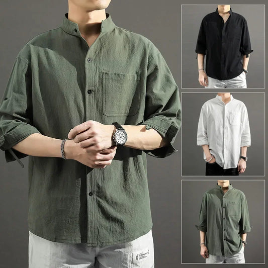 2023 Summer Cotton-Linen 3/4 Sleeve Shirt – Lightweight Comfort and Relaxed Japanese-Inspired Style for the Modern Gentleman