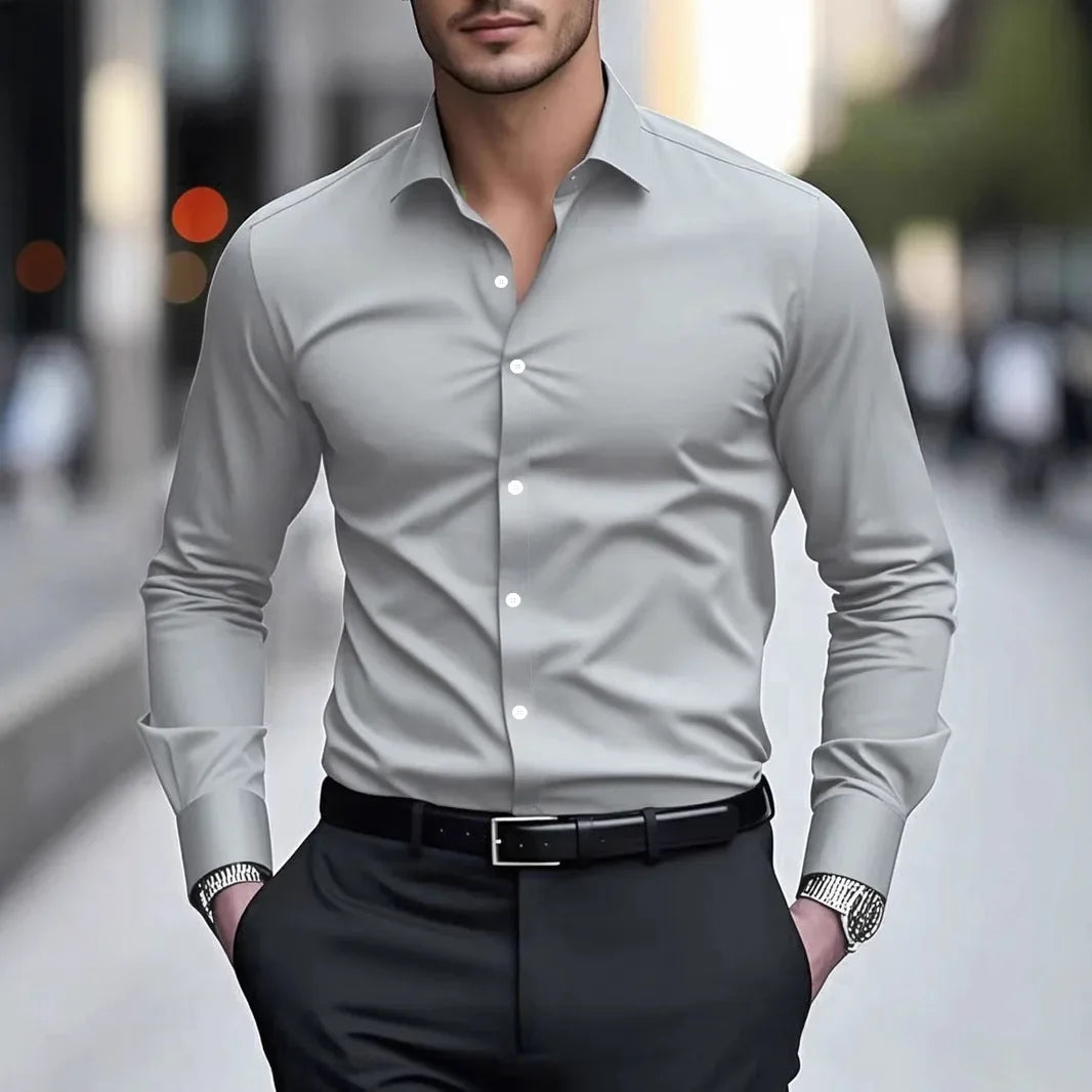 Men's Casual Long Sleeve White Shirt Spring Autumn Slim Fit Formal Workwear Shirt Comfortable Breathable Office Shirt - Ellianto fashion Men's