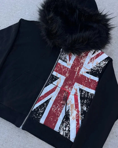 American Retro Fur Collar Flag Printing Oversize Zipper Hoodie Men's and Women's Y2K New Harajuku Hip Hop Goth Casual Sweatshirt
