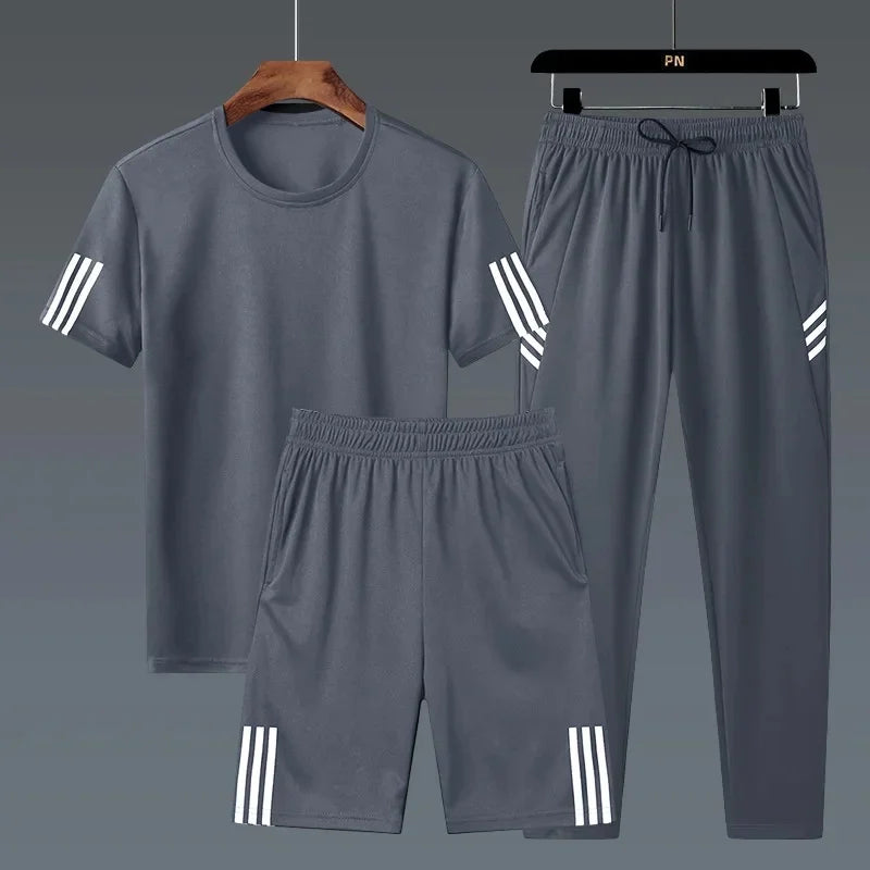 Summer Casual Sports Men's Short Sleeve T-Shirt plus Size Three-Piece Set New Style Long Pants Comfortable Breathable Clothing - Ellianto fashion Men's