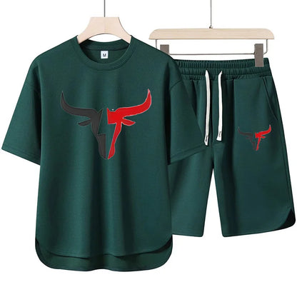 Set 2025 New European and American men's Summer Casual cotton and linen European size short-sleeved shirt + jogging sports shorts 2- - Ellianto fashion Men's