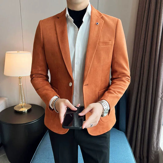 New Fashion Suit Coat Men's Slim Fit Deerskin Velvet Elegant Luxury Blazer Coat Business Casual Wedding Plus Size Suit 4XL-S - Ellianto fashion Men's